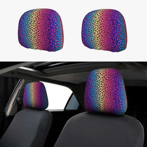 TZTTZT Kopfstützenbezüge für Autozubehör, Innenausstattung für Damen und Herren, modisch, heller Leoparden-Regenbogen-Druck, Kopfstützenbezug für Auto-Dekoration, 2 Stück
