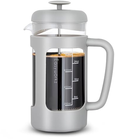 Easyworkz Cafetière à piston 1000 ml en verre borosilicaté, poignée souple, gris clair