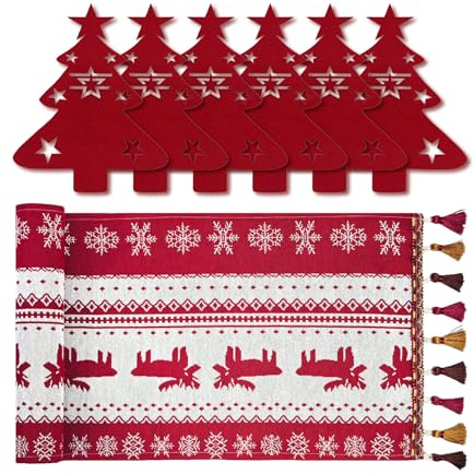 Tovaglia Natalizia 33x180 cm + 6 Portaposate a Forma di Albero di Natale, Runner da Tavolo Rosso con Albero di Natale, Fiocchi di Neve e Frange per Decorazioni Natalizie, Cene di Famiglia, Feste