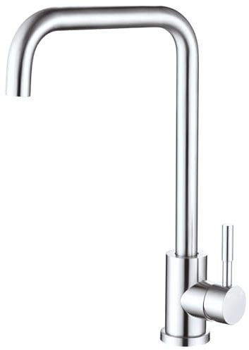 Biubiubath Robinet de Cuisine, en Acier Inoxydable Forme en L, Mitigeur avec Douchette, Pivotant à 360°, Monolevier pour 1 Trou, Chrome Poli