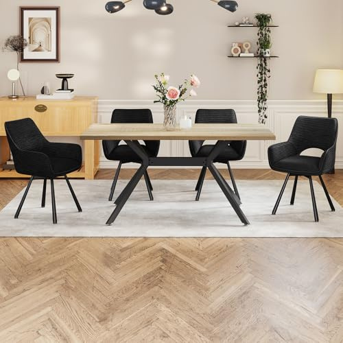 WAFTING Esstisch mit 4 Stühlen,Essgruppe,Heller Platte,Polsterstuhl Schwarz | Esstisch Holz 140x80x76,Esszimmerstuhl Drehbar 360°mit Armlehne,Tischset Für Küche, Wohnzimmer, Esszimmer
