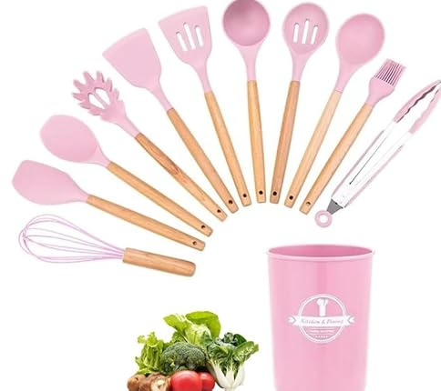 Kitchen Utensil Set, 12 PCS Silicone Cooking Utensils with Holder, Natural Wooden Handle Cookware Tongs Spatula Spoon Set Silicone Cooking Utensils Set with Wooden Handle(Pink)