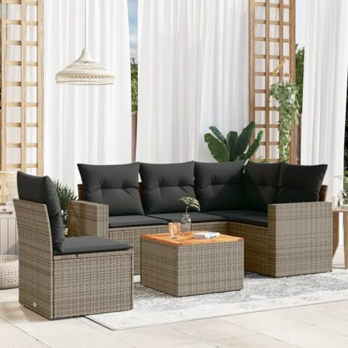 QJBSAVVA 6-TLG. Gartenmöbel Set Rattan Lounge Grau 65,5x62x69 cm, modulare Sitzgruppe mit Akazienholztisch, platzsparend für Balkon & Terrasse