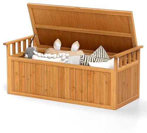 GiantexUK Garden Deck Box, Outdoor Storage Bench with Lid, Wooden Chest Container for Patio Cushions and Gardening Tools (With Armrests, 209L, 128x58x53cm) | Outdoor Storage Bench with Lid, Wooden Chest Container for Patio Cushions and Gardening Tools