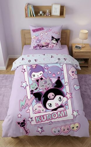 Kuromi Funda Nórdica Cama 90 140x200 + Funda Almohada 70x90 Lila Rosa Niña