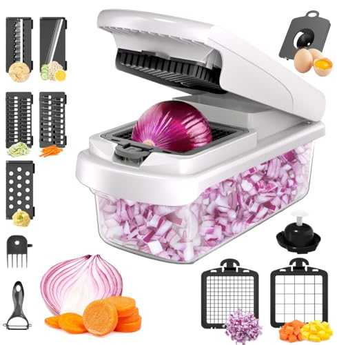 GREATRICH Cortador de Verduras 8 en 1, Picadora Manual con Recipiente, Mandolina de Cocina Profesional con 7 Cuchillas de Acero Inoxidable, Cortador de Cebolla y Rallador para Ensaladas