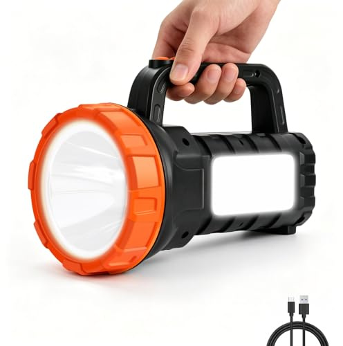 Masmejor Linternas LED Alta Potencia, 2000LM, 6000mAh, 500m Alcance, XXXL | 6 Modos de Luz, Salida USB, Luz Roja y Azul, IPX4, Correa de Hombro para Camping, Senderismo, Emergencias y Pesca