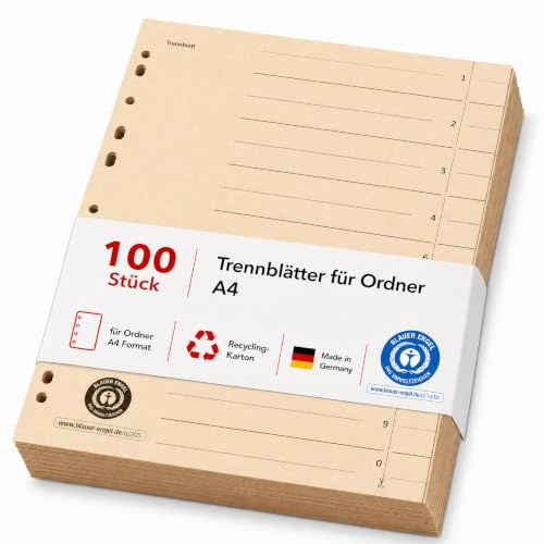 Conipa Trennblätter für Ordner A4, 100 Stück, Recycling-Karton, Chamois | Registerblätter mit Eurolochung, Organisationsdruck und Blauer-Engel-Zertifizierung – nachhaltig, Made in Germany