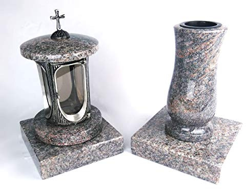designgrab Alu Grablampe aus Aluminium in Antikoptik mit Kreuz und Grabvase und 2 Stück Sockel eckig in Granit Himalaya