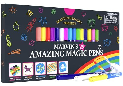 Marvin's Magic 25 Amazing Magic Pens for Kids - Colour Changing Felt Tip Markers with Erasable Tips - Mess Free Arts and Crafts Kit - 3D Lettering and Secret Messages - Drawing Set Ages 5+