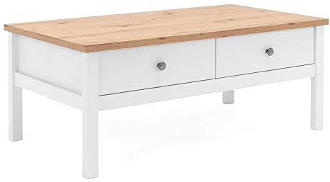 Newfurn Couchtisch Weiß Wildeiche mit Schublade Wohnzimmertisch Landhaus | zwei ausziehbare Fächer, Sofatisch, Stubentisch, Tisch für Couch, matt zweifarbig, skandinavisch für Familien