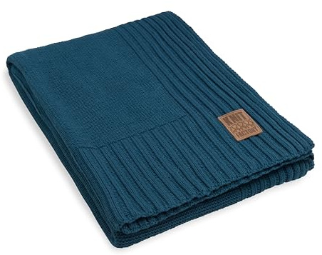 KNIT FACTORY - Uni Plaid - Petrol - 160x130 cm | Sofadecke - Kuscheldecke - Wohndecke - Strickdecke - Plaid aus Wolle - Wolldecke - Gestrickte Decke