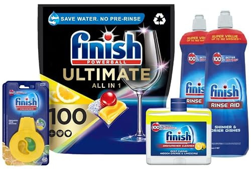 Finish Lot de 2 nettoyants pour lave-vaisselle Citron 250 ml, 2 désodorisants pour lave-vaisselle Citron et citron vert, 100 tablettes pour lave-vaisselle Quantum Lemon et 2 aide au rinçage 800 ml