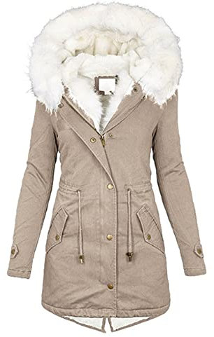 Damen Winterjacke mit Kapuze, dick, lange Daunenjacke, schmales Haar, khaki, 38
