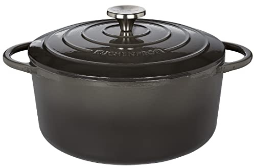 Küchenprofi Fuente para asar de hierro fundido con tapa, interior gris/negro, 26 cm, cacerola, horno holandés, olla para hornear pan, esmaltada, para todas las cocinas (incluyendo inducción), para
