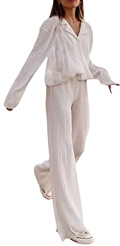 Yassiglia Set da Donna Plissettato Completi Casual Autunnali 2 Pezzi, Camicia a Maniche Lunghe + Pantaloni a Gamba Larga Streetwear Loungewear (Bianco, M)