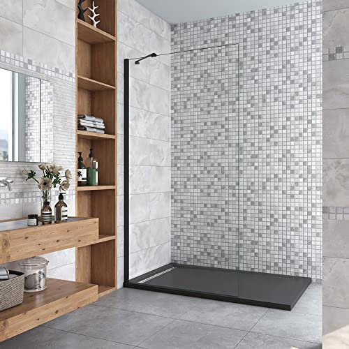AICA Paroi de douche 80x200cm profil Noir mat paroi de douche à l'italienne verre anticalcaire avec barre de fixation noire 45cm