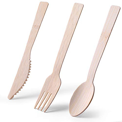 Bambusbesteck,100 Stück: 50 Gabeln, 25 Löffel, 25 Messer, 17 cm, Bambus-Einweg-Besteck-Set, 100 % biologisch abbaubar, kompostierbar, umweltfreundlich, erneuerbar, Einweggabel, Löffelmesser