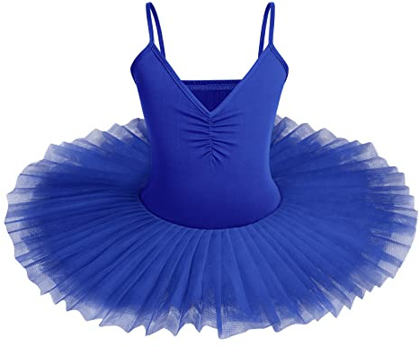 IBAKOM Niños Niñas Vestido Ballet Lago de los cisnes Traje Danza Tutu Cuello en V Camisola Leotardo sin Mangas Bailarina Gimnasia Traje de Baile Ropa, azul real, 9-10 Años