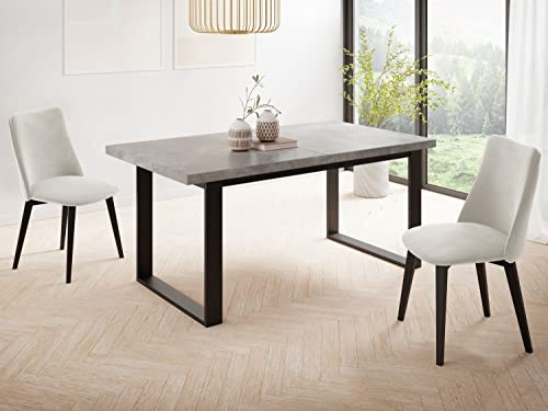 WFL GROUP Ausziehbarer Rechteckiger Esstisch im Loft-Stil mit Schwarzen Metallbeinen – Industrieller Tisch für Wohnzimmer – Ausziehbar von 140 cm auf 180 cm – Made in EU – Grauer Beton