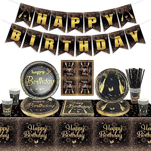 Black Gold Birthday Supplies, Black and Gold Birthday Party Decorations for Men, Women, Includes Happy Birthday Banner, Tablecloth, Paper Plates, Napkins, Paper Cups, Serves 20 Guest