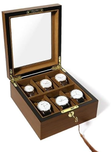 Uten Watch Box with 6 Slots, Watch Case Organizer with Golden Lock and Key, Wooden Watch Display Storage Box with Removable Watch Cushions, Velvet Lining, Metal Clasp, Gift for Men & Women
