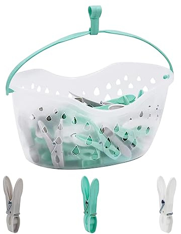 Flatro 36 Pegs for Washing Line with Hanging Basket | Heavy Duty Clothes Pegs Basket with Drainage Holes | Plastic Washing Pegs Basket for Rotary Line with a Hook on the Handle