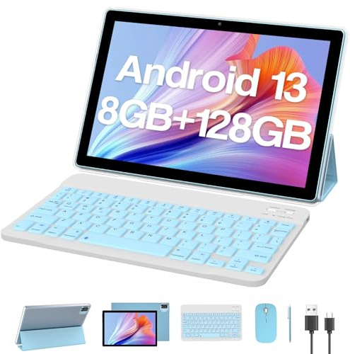 ZZB Tableta con teclado de 10 pulgadas, tabletas Android 13, tableta 2 en 1, tableta de 8 GB+128 GB/1 TB, incluye funda de mouse inalámbrico, lápiz capacitivo de 10.1 pulgadas, tablet PC, cámara dual,