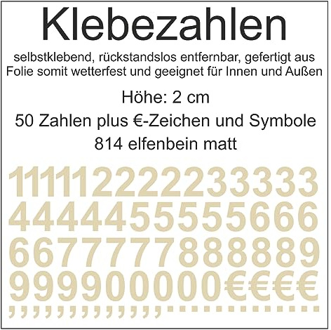 Aufkleber Sticker Klebezahlen Klebezahl Zahlen Zahl Nummern aus Folie 50 Zahlen beige elfenbein matt Höhe 2 cm selbstklebend wetterfest Nummerierung Preisauszeichnung Beschriftung Modellbau verzieren