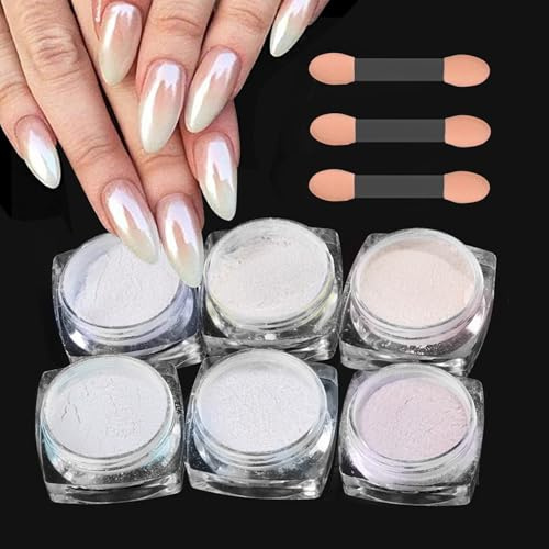 GZSYY Weiße Perle Chrom Nagelpuder Glitzerpuder Spiegeleffekt Pulver Glitter 6PCS Aurora Schimmer Chrom Pigment Metallic Chrom Nagelpuder