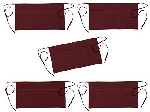 Tabliers de service à 3 poches à la taille Tablier coton de qualité supérieure cuisine, restaurant,bistro,café,bar,Demi-tabliers pour chef, boulangers, serveurs, serveuse - Bourgogne rouge-24x12