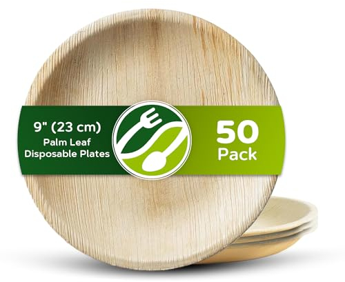 ECO Leaf 50-Pack 9” (23cm) Round Palm Leaf Disposable Plates – Compostable, Biodegradable, Eco-Friendly Plates Like Wooden or Bamboo – Perfect for Weddings, Parties & Picnics – Microwave Safe