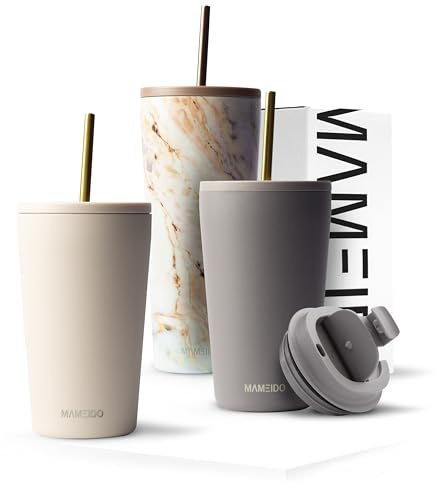 MAMEIDO Tazza da caffè termica con cannuccia 470 ml, Tazza termica, Tazze termiche acciaio inox senza BPA, Tumbler anti-perdita (Ivory Beige)
