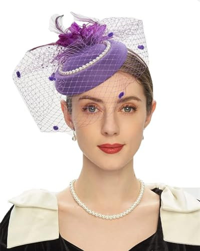 Elegante Pillbox Hüte 20er 50er Jahre Vintage Fascinator für Frauen mit Feder Mesh Schleier Stirnband Braut Hochzeit Tee Party Lila