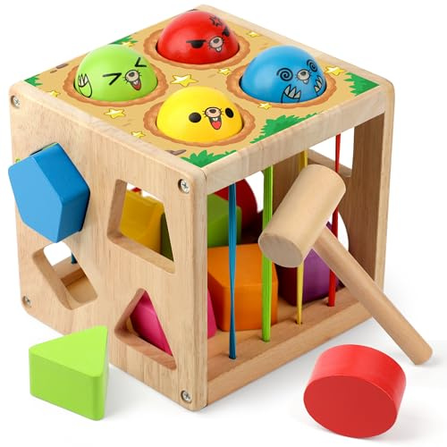 Coogam Giocattoli Montessori in legno per i più piccoli, cubo di ordinamento della forma Whack Talpa Gioco di abilità motorie per anni 18 mesi + regalo per neonati e ragazze