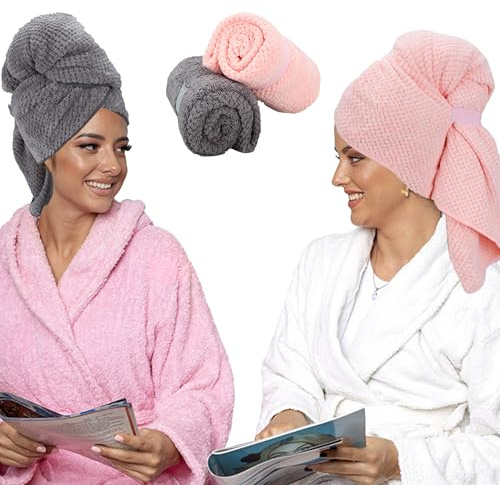 Haarturban Mikrofaser Handtuch, 2 Stück Mikrofaser Handtuch Haare Lang, 100 x 60 cm Turban Haarturban mit Elastischem Band für Kopf und lange Haare(Grau & Rosa)