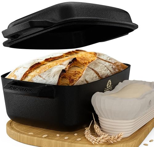 KAISERTAL Gusseisen Brotbackform mit Deckel & Gärkorb 26cm – Robuste Gusseisen Topf Brot Backen – Ideal als Brotform, Brottopf, Kastenform Brot und Brotbackformen - inkl. Backen Zubehör