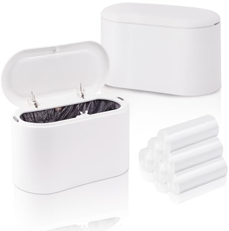2PCS Small Bin with Lid, Small Bathroom Bin with 180PCS Trash Bags | Removable Desk Plastic Mini Office Bins, Pop Up Mini Dustbin, Small Trash Can for Desk Office Bathroom Coffee Bar Tabletop