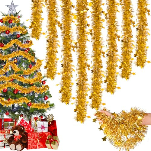 Lametta Weihnachtsbaum, 8PCS Weihnachtsgirlande Lametta Girlande Weihnachten Outdoor Christmas Garland Weihnachtsgirlanden Mit Sternen Verziert Weihnachtsdeko Girlande Christbaum Deko Gold