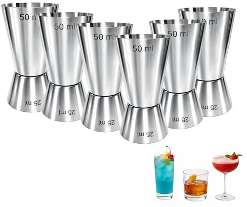 Chabrias Ltd 6 Pack Stainless Steel 25/50 ml Measure Jigger Bar Craft Dual Spirit Measure Cup Peg Measuring Cup for Bar Party Wine Cocktail Shaker
