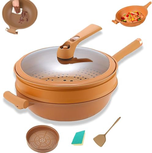 WSGDSG Pfanne, Hochleistungs-Gusskonstruktion, Multifunktionaler Antihaftbeschichteter Ton-Wok mit Dampfkorb, Bratpfanne mit Deckel, Spülmaschinenfest