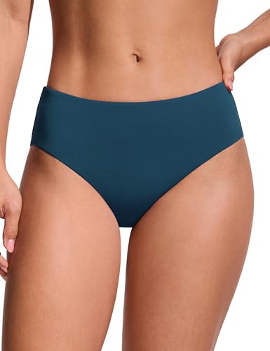 CRZ YOGA Mid Waisted Bikini Bottoms for Women - Full Coverage Bathing Suit Swimsuit Basic Swim Briefs Insignia Blue Small