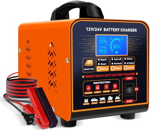 vFound Metal 12V 24V Car Battery Charger Heavy Duty, 20A Automatic Battery Maintainer, Smart Trickle Charger with Auto Shutoffs, Repair, Winter Mode, for Automotive Car Truck Motorcycle RV Lawn Mower