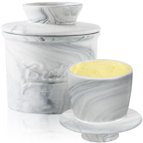 Cnwinu Ceramic Butter Dish with Lid,Round Butter Ceramic Container,French Butter Clock for Fresh Butter and Spreadable Butter Dish (Graining)