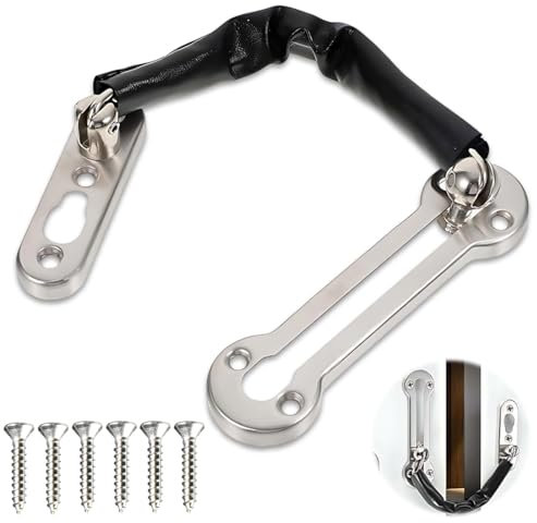 Catena Porta Chiavistello, Custodia in pelle di aggiornamento Catena di Sicurezza Porta Antifurto Catena in Acciaio Inossidabile Della Porta con 6 viti per Hotel Casa(Argento)