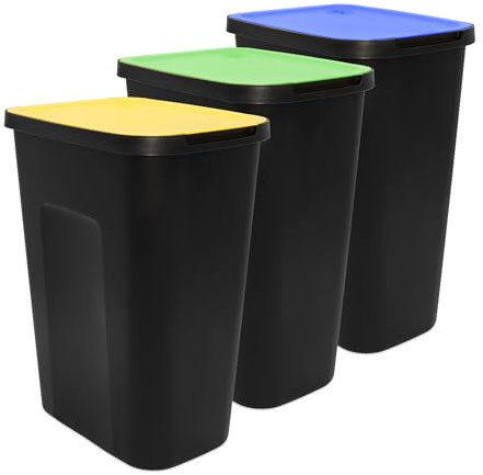 Lot de 3 poubelles noires avec couvercle à charnière coloré - 50 l - Système de tri sélectif pour déchets biologiques en plastique - Système de recyclage des déchets