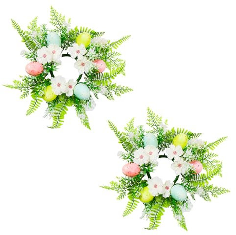 Skeadex Osterdeko Kerzenringe, 2 Stück Kerzenkranz Ostern Kerzenring Osterkranz Tisch Kerzenkranz für Stumpenkerzen Künstliche Frühlingskranz mit Ostereier Kerzenkränze Blumenkranz für Tischdeko (01)
