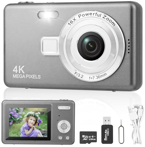Macchina Fotografica Digitale con Scheda 64GB, 1080P 40MP Fotocamera Digitale Compatta con Zoom Digitale 8X Flash, Fotocamere Digitali Per Bambini Adolescenti Adulto Principianti (Grigio scuro)