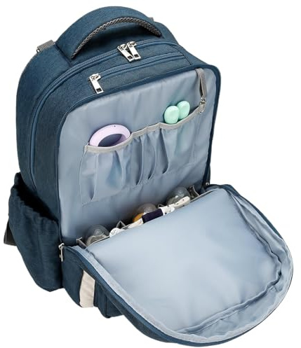 Sac à dos à couches pour femmes - Sac à langer pour poussette double couche | Sac de voyage étanche de grande capacité avec port de charge multifonction, Dark Blue, riferimento alla descrizione