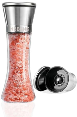 Salt and Pepper Grinder Set with Refillable Non-Corrosive Ceramic Grinder, Glass and Stainless Steel Spice Salt and Pepper Mill Grinders with Adjustable Coarseness, Easy to Use and Fill